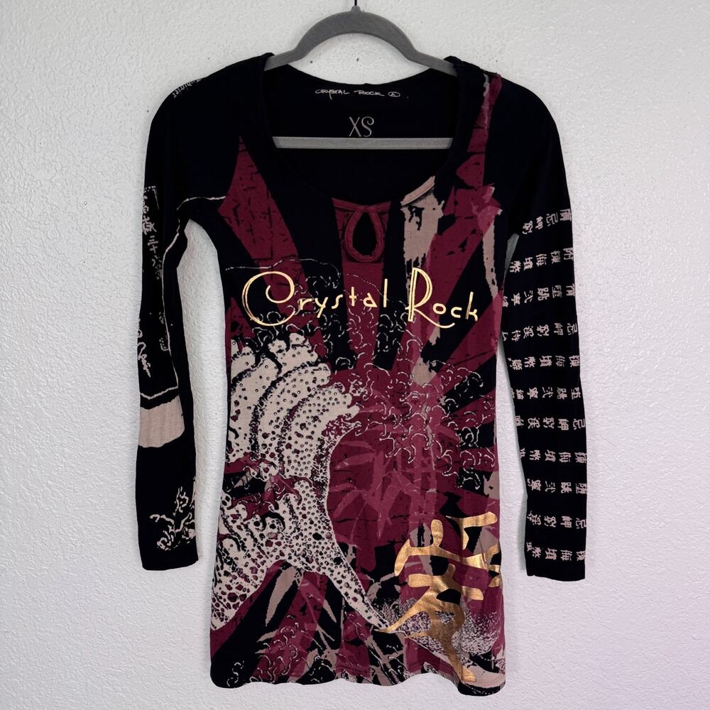 Christian Audigier Crystal Rock Shirt Women XS Y2K Tuni Tsunami Rhinestone Tunic